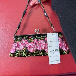 Floral Embroidered Black Clutch